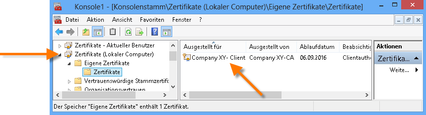 Zertifikat auf dem Client-Rechner importiert (Beispiel für Computerkonto resp. Lokaler Computer)