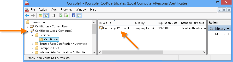 Certificate imported to a client machine (example for Local Computer/Per­sonal)
