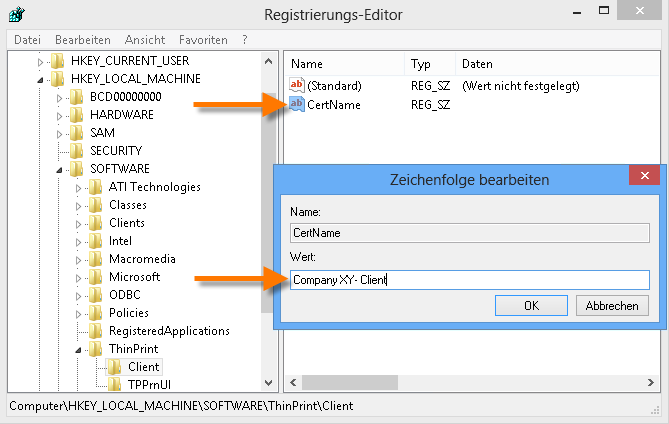 Registry-Eintrag für Verschlüsselung auf Windows-Clients (Beispiel für Zertifi­kat Company XY- Client)