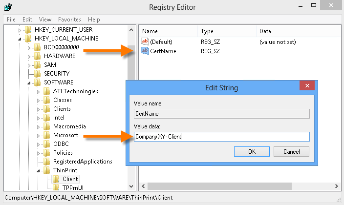 Registry entry for encryption on Windows clients (example for Company XY- Client certificate)