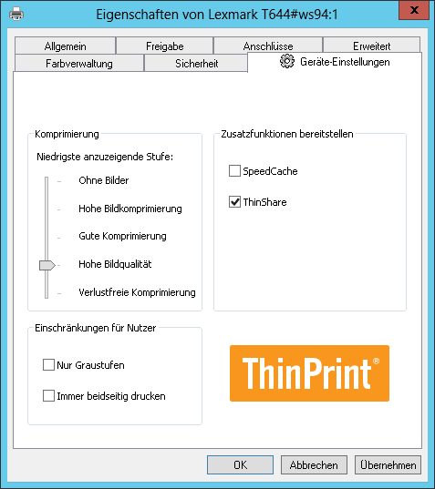Komprimierungsbereich, ThinShare und weitere Optionen pro Drucker