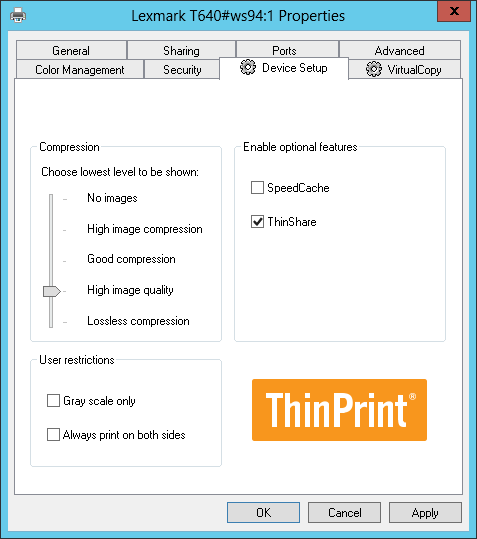Range of compression levels, ThinShare and other options available per printer