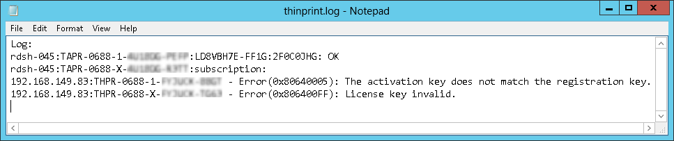  log file after activation – with success and error messages (example)